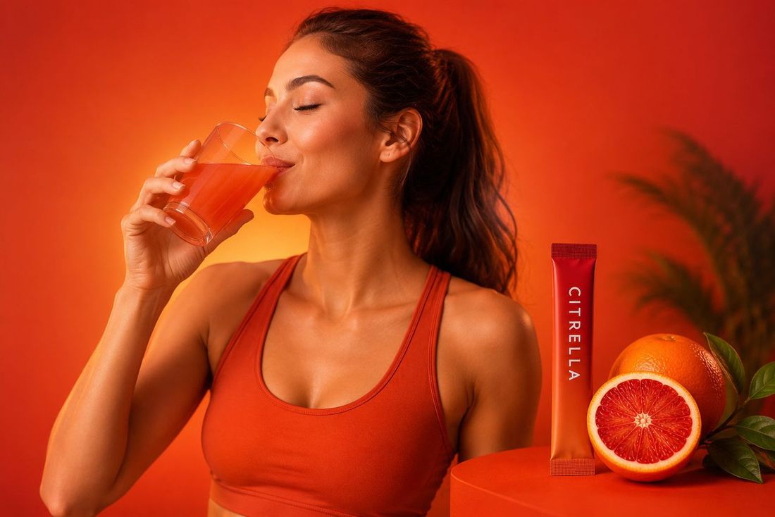 Vrouw drinkt een glas bloedsinaasappeldrank, met een Citrella slim stick en een halve sinaasappel ernaast