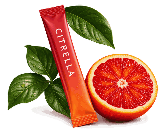 Citrella slim stick voor een halve bloedsinaasappel en groene bladeren
